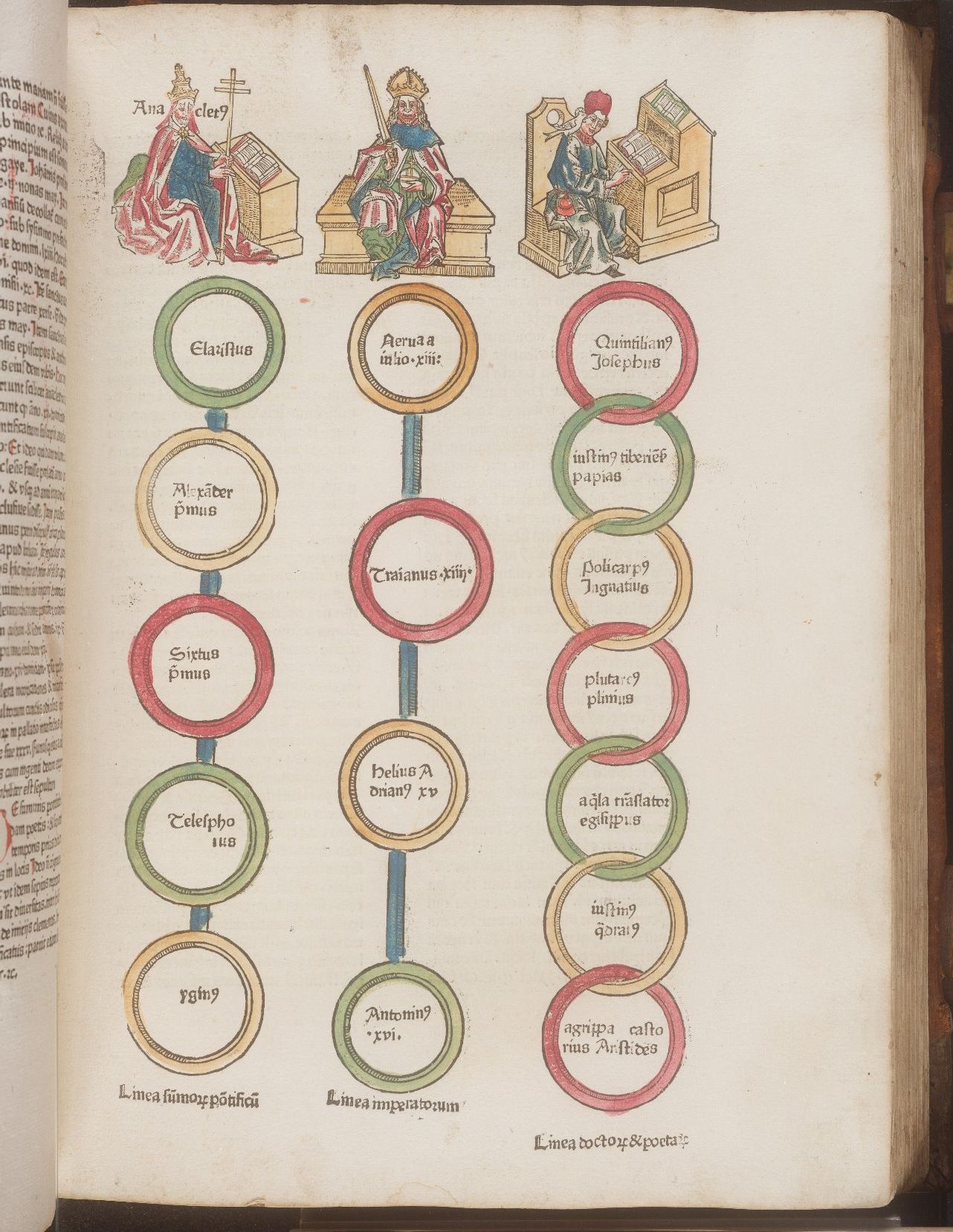 Red, green, and yellow circles in three columns with Latin words between them, of which the first two columns have blue lines running through them.