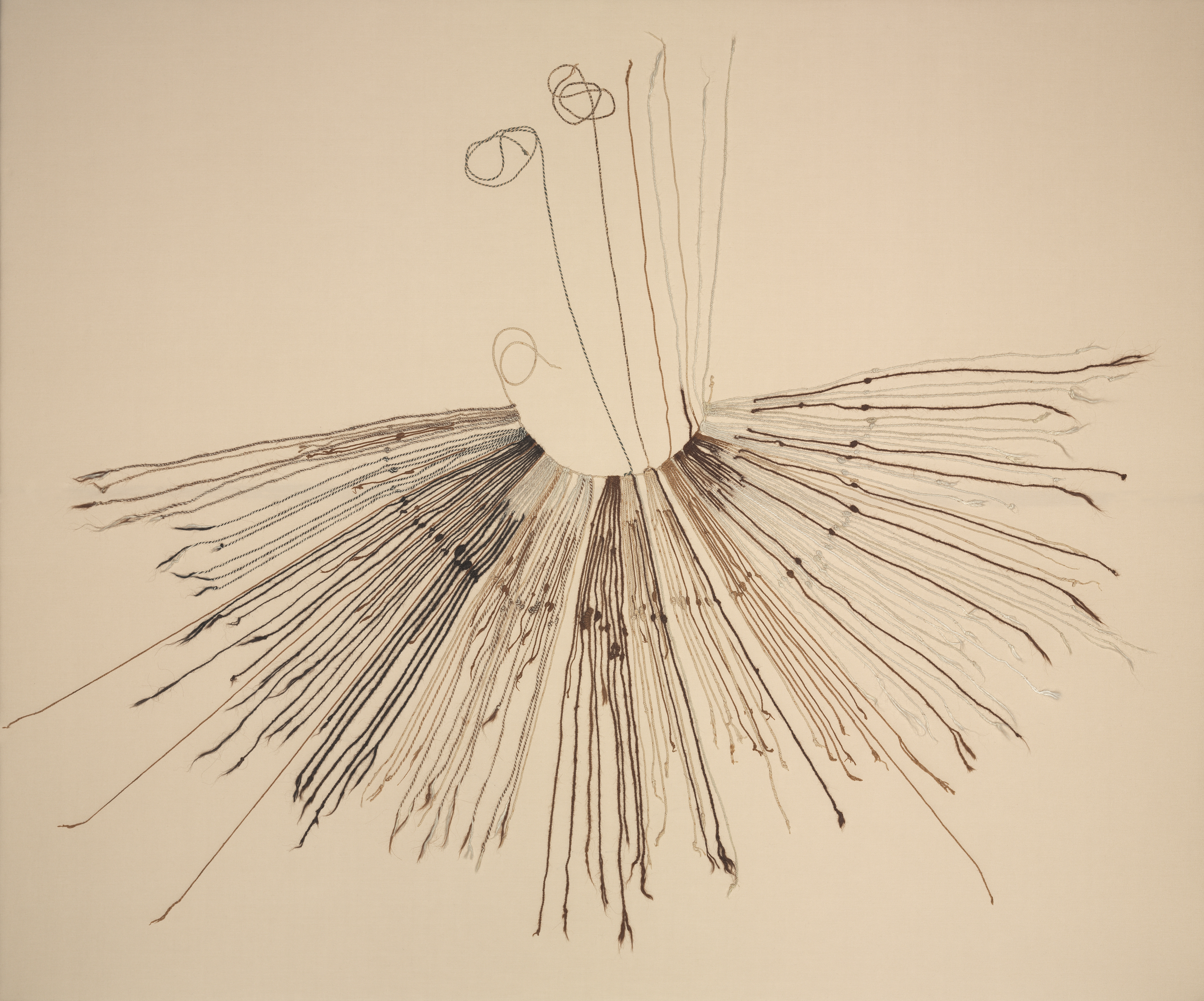 Lines of cotton and wool expanding in a radial pattern from a central semi-circle with some threads running above.