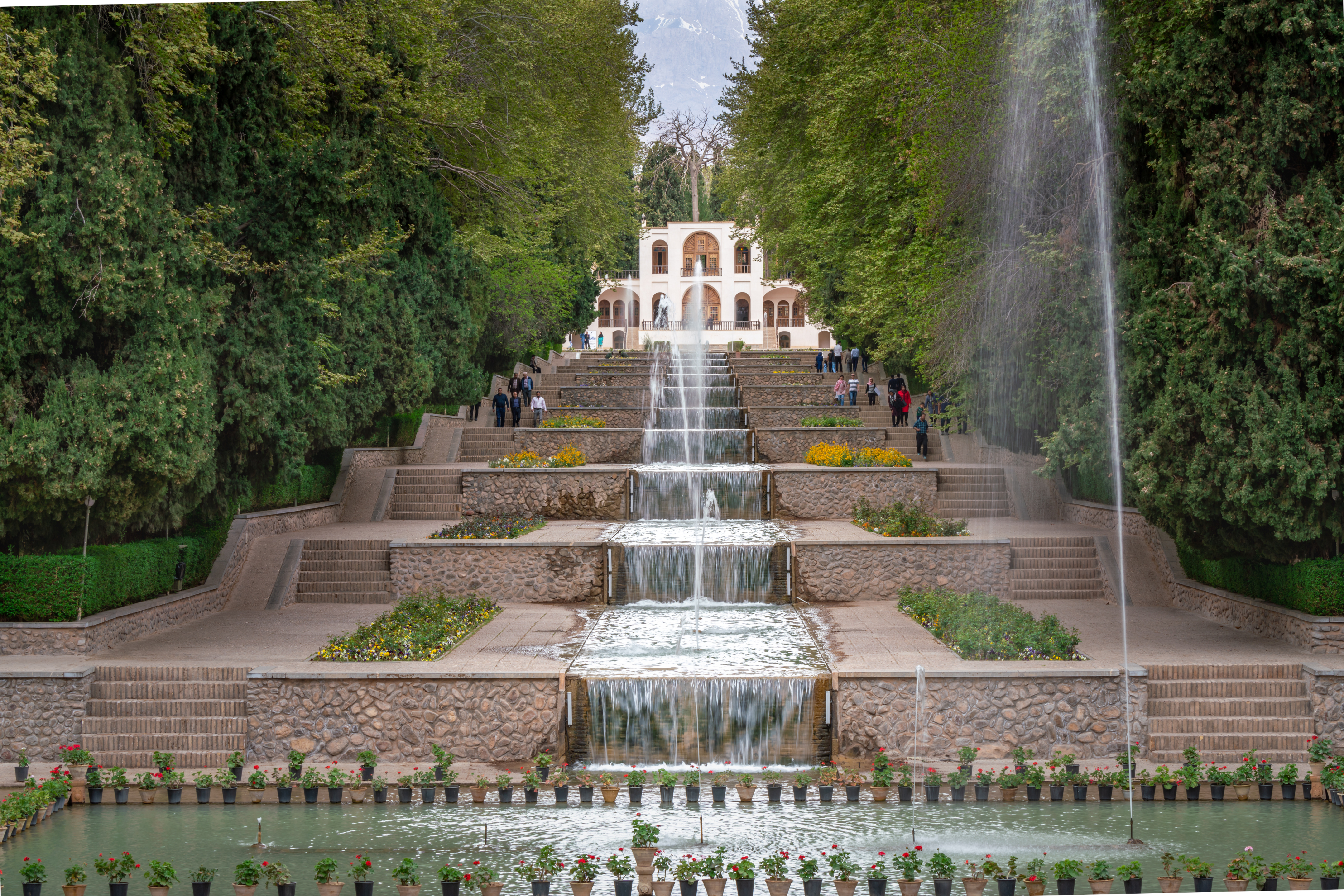 Terraced garden with water running through the middle culminating in a pool.