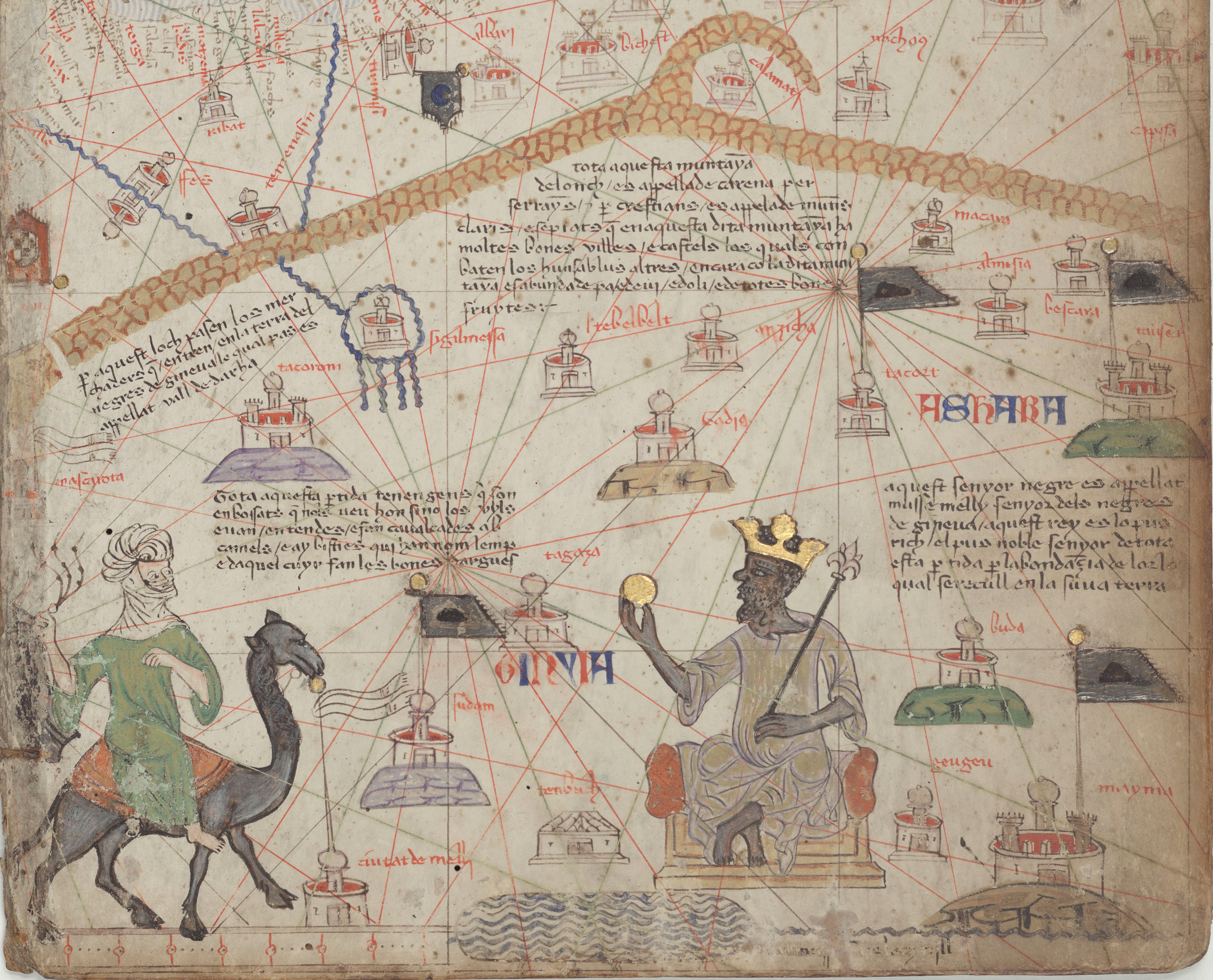 Old map showing parts of Africa with human figures and text.