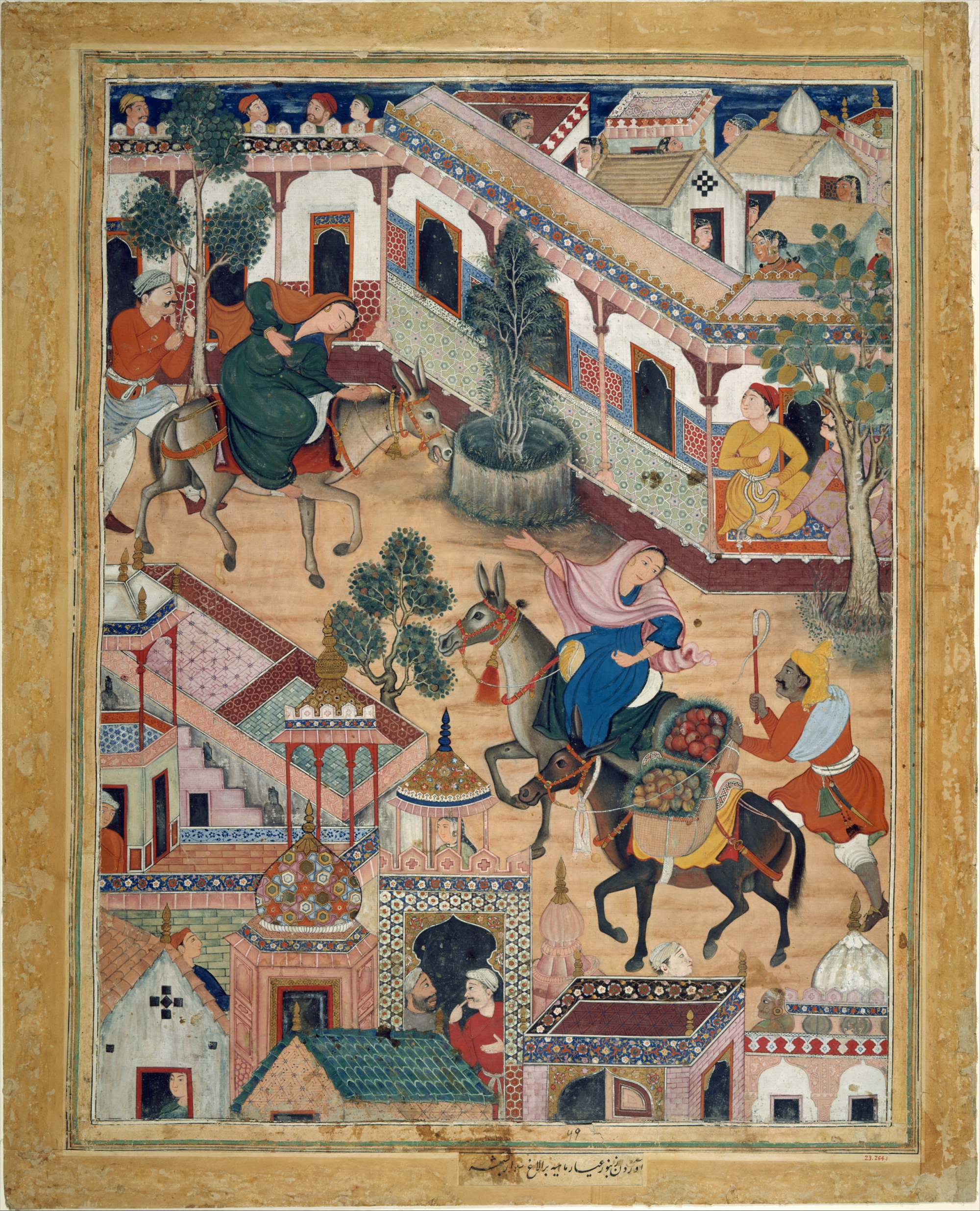 Illustrated manuscript folio showing a city scene with various buildings. Some women on donkeys are visible in the central road, alongside various figures in the different buildings.