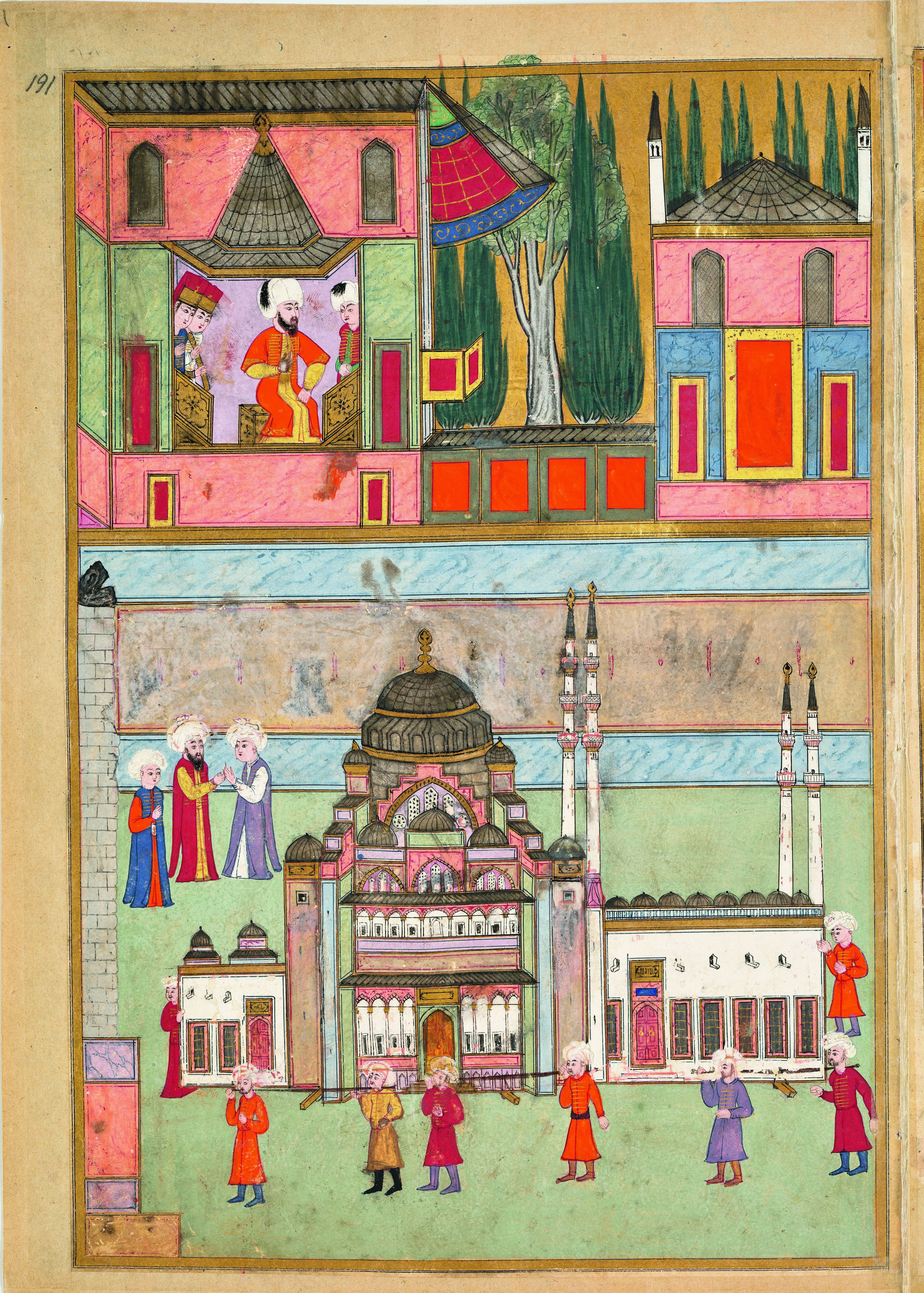 Manuscript painting in which a model of the Süleymaniye mosque is visible in a parade that is being carried by on the shoulders of a number of men while the royals look on from a high vantage point. Some additional figures also watch the parade from the lower level.