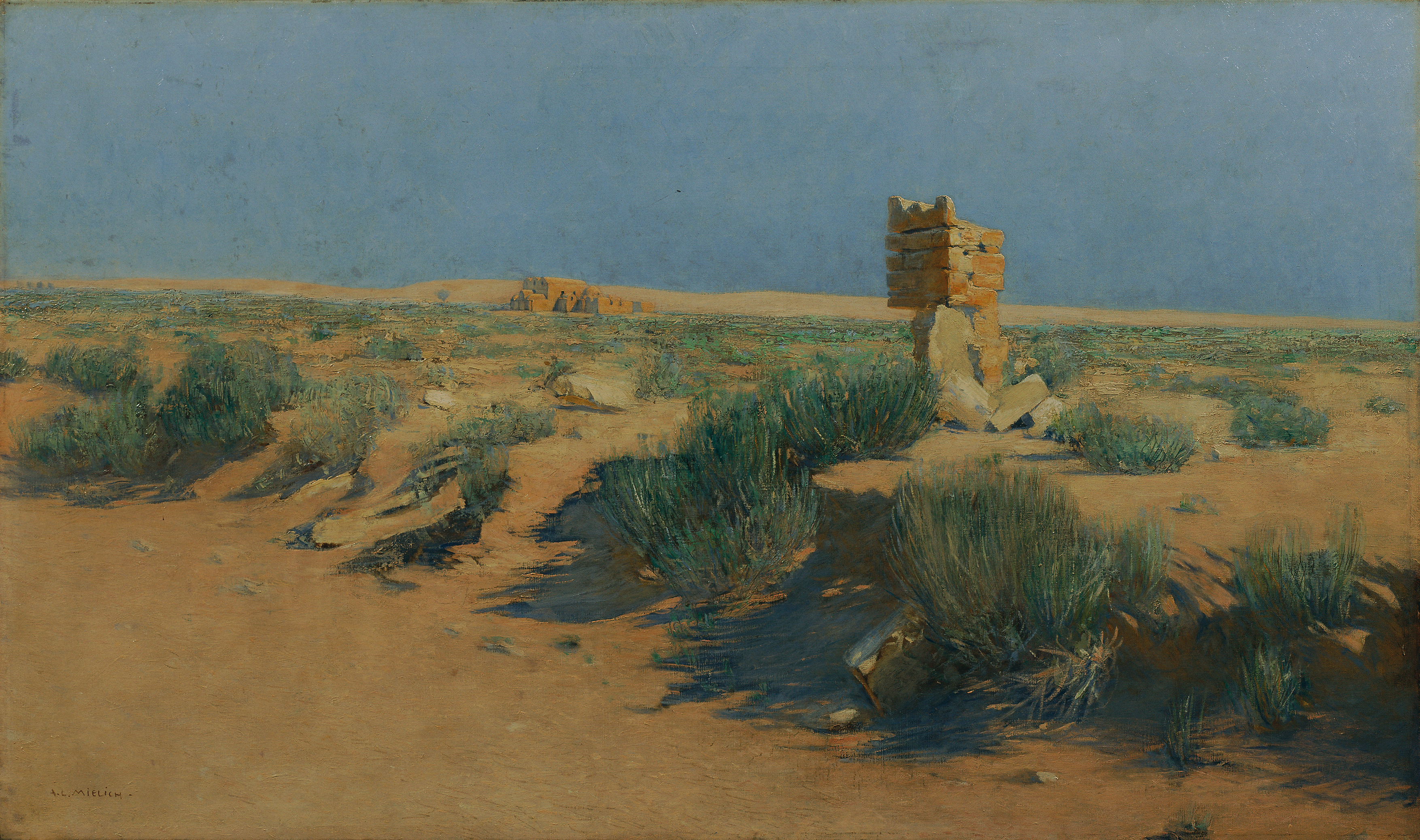 Painting of a desert with some vegetation and small brick structures, and a building to the left of the center.