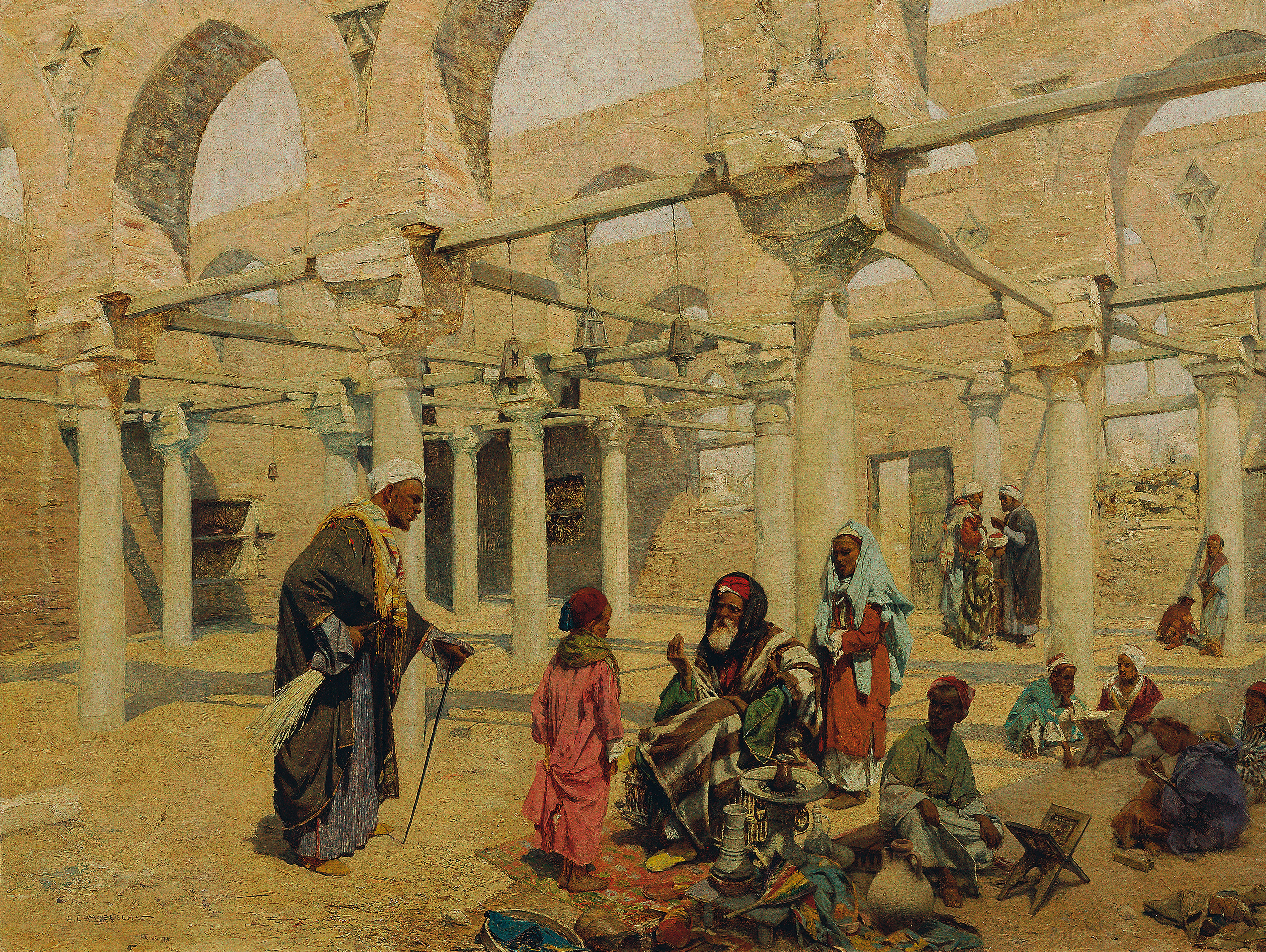 Various seated figures in a courtyard with large columns. The people are primarily engaged in conversation or studying a book. In the foreground an old man with some wares displayed is seen talking to a young boy who has another man holding a broom behind him.