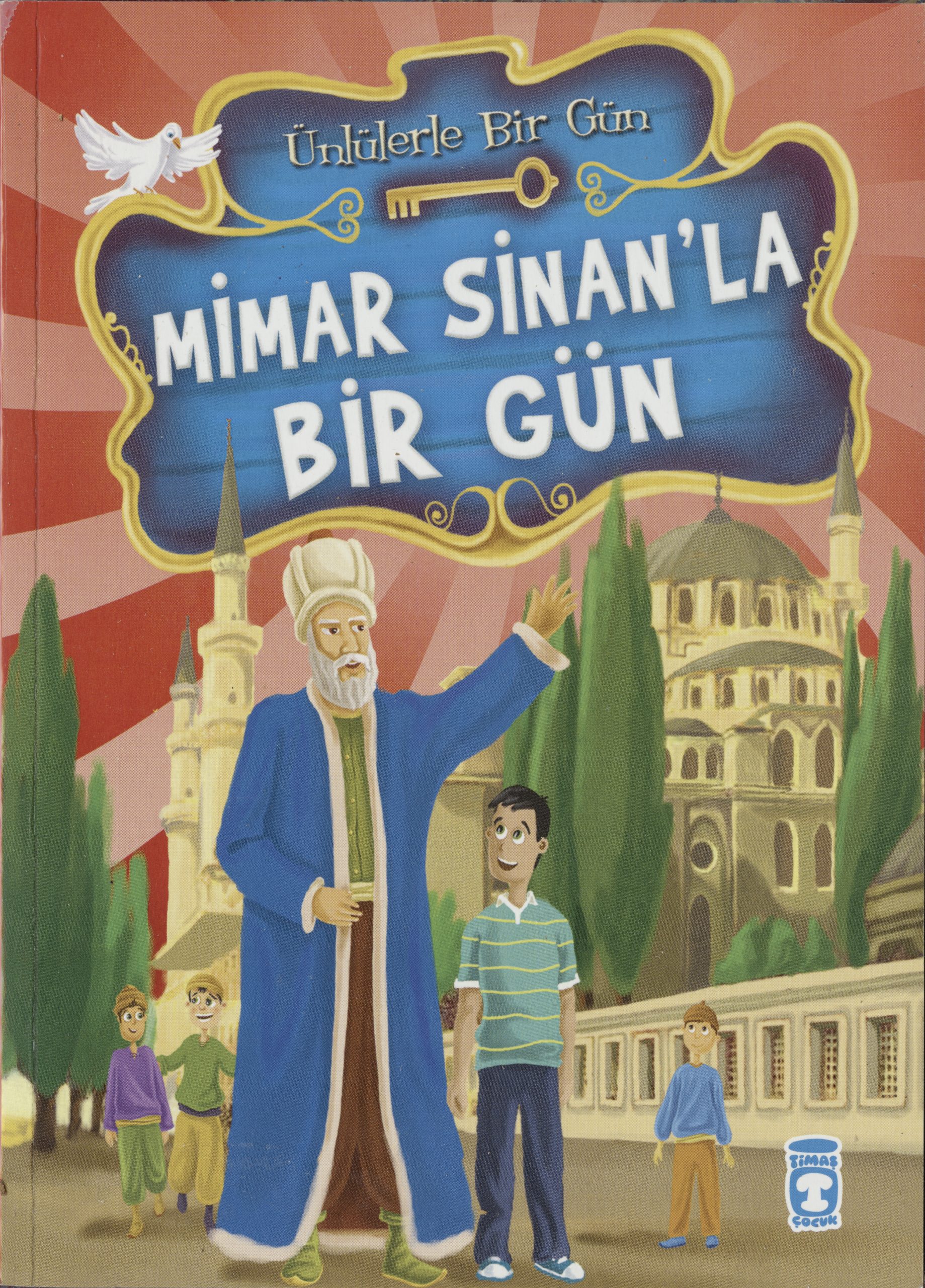 Cover page of a Turkish picture book where the illustration shows a young boy looking up at an older, white-haired man in a blue robe. A few children are visible in the background also looking at what the man is gesturing at.